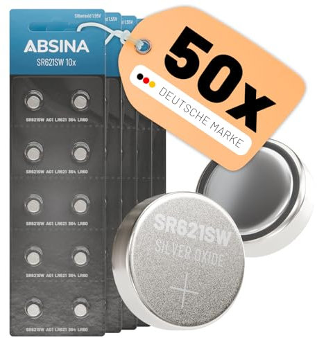 ABSINA SR621SW Uhrenbatterie 1,55V Silberoxid 5X 10er Pack - Knopfzelle SR621SW auslaufsicher & Lange Haltbarkeit - Batterie SR621SW / LR621 / SR621 / 364 / V364 / AG1 - SR 621 SW Uhren Knopfzelle