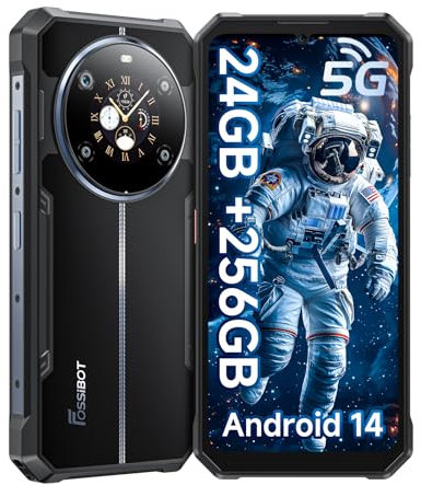 FOSSiBOT F109 5G Outdoor Handy ohne Vertrag, Android14 Smartphone, 24GB+256GB, HD 6,74''+1,32'' Doppel Bildschirm, 50MP+16MP, 10600mAh Baustellenhandy Wasserdicht IP68/IP69K/Face ID/NFC/GPS (Schwarz)