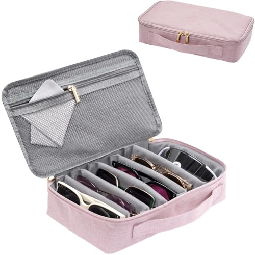 Lolalet Travel Sunglasses Case, 7 Slots Hard Traveling Sunglasses Organizer Bag Multiple Pairs Portable Carrying Eyeglasses Eye Wear Glasses Storage Holder for Men Women -Pink
