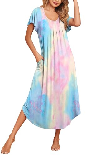 Ekouaer Long Nightgowns for Women with Pockets Short Sleeves Moo Moos for Women Casual House Dresses Pink Tie-dye XL