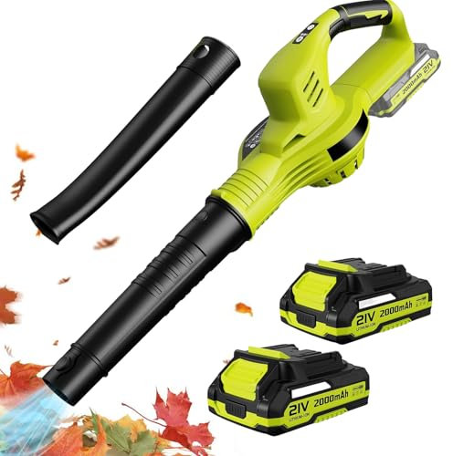 Souffleur à Feuilles 21V sans Fil avec Batterie et Chargeur,Vitesse 15000r/min,Souffleur Broyeur 2-en-1,souffleur électrique pour l'entretien de la pelouse et refoulement de la Neige (2 Batterie/B)