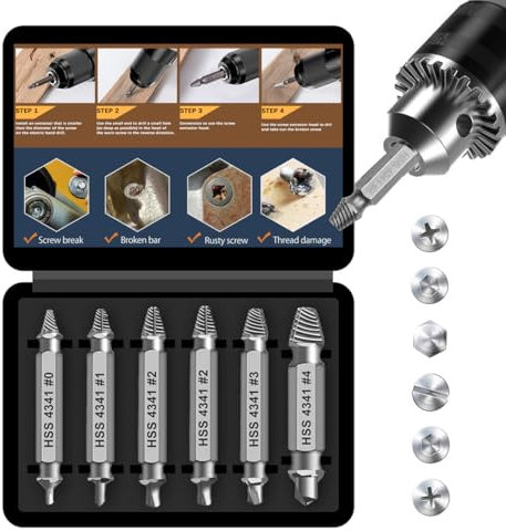 Screw Extractor, Stripped Bolts Damaged Extractor Kit, Easy Removal of Rusty & Broken Drill Bits, Drill Bit Bolt Remover and Extractor, Broken Stripped Screw Extractor (6Pcs HSS4341#0-#4)