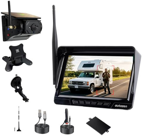 autozen 1080P Solar Rückfahrkamera Kabellos mit 7 Display, 170° Weitwinkel, 9600mAh Akku, IP68 Wasserdicht, Magnetisch Rückfahrkameras Funk für Wohnwagen LKW Auto Wohnmobil Anhänger