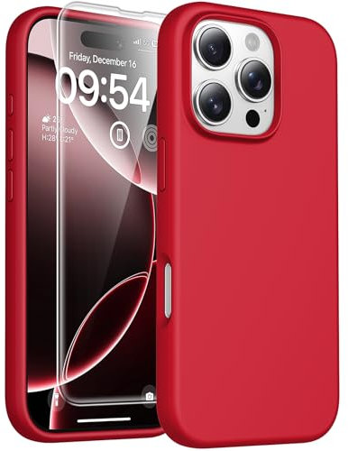 TOCOL 3 in 1 Silicone for iPhone 16 Pro Max Case 6.9-Inch, with 2 Pack HD Screen Protector, Liquid Silicone Slim Silky-Soft Touch Multi-Color Anti-Scratch Shockproof Cover, Red