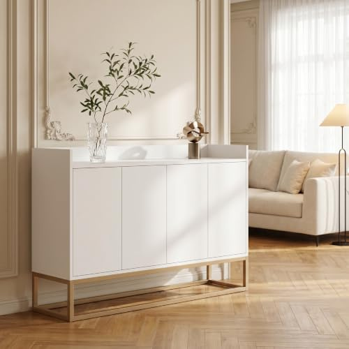 Julyue Sideboard Wohnzimmer Kommode Weiß mit 4 türen, Aufbewahrungsschrank Küche Moderne Sideboard Küchenschrank Buffetschrank für Flur, Wohnzimmer, Küche (Weiß)