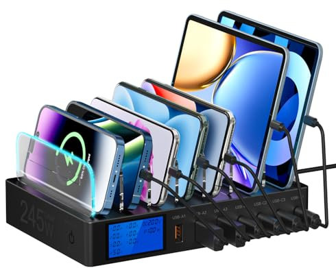 Binamao Charging Station Multiple Devices, 245W 7 Port Cell Phone Charger Station with LCD Display, 100W PD USB C Quick Charging Dock, for iPad, iPhone, Android, Tablet and other electronic devices