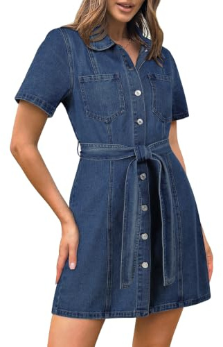 Fengbay Denim Dresses for Women Short Sleeve Button Down Jean Shirt Dress