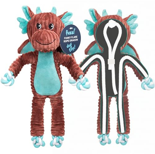 Fuzzl Funky Flare Rope ExoSkeleton Dragon Dog Toy – Durable Knotted Rope with Squeaker & Textures, Minimal Stuffing Plush Dragon for Less Mess, Interactive Dog Toy