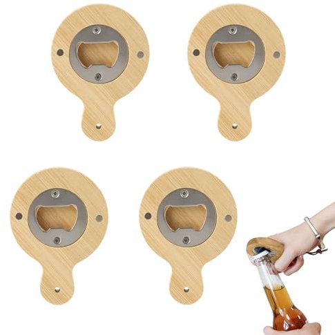 Greyoe Abrebotellas, 4 Piezas Abre Botellas, Abridor Cerveza, Abrebotellas de Madera Natural de Acero Inoxidable Duradero Portátil ligero, Se Puede Colgar en un Llavero Gran Regalo para Hombres
