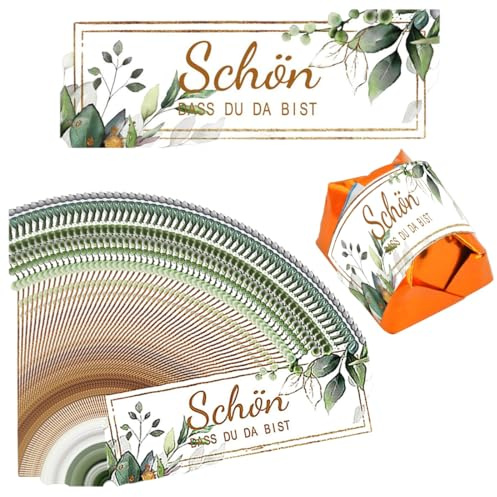 NOPKESV 60 Aufkleber Schön, dass du da bist Hochzeit Gastgeschenke Sticker Eukalyptus Pralinenaufkleber für Geburtstag, Taufe, Kommunion, Küsschen Pralinen (Rechteckig, 5x1,8cm)