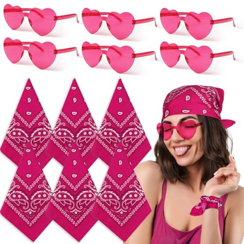6paires Lunettes Cœur Rose Foncé Lunette d'Amour Protection Uv et 6pcs Bandana Foulard Carré Rose Décoration DIY Accessoires de Fête Mariage EVJF En Plein Air Shopping Courses pour Femmes Filles