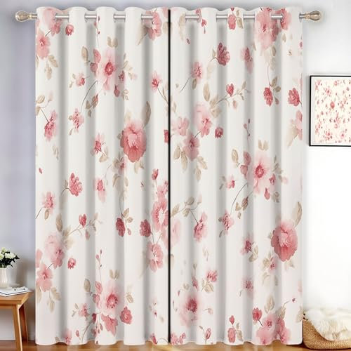 2 Tende Oscuranti Termiche Fiori Romantici Tenda Isolante Stile Shabby Chic Tenda per Soggiorno Camera e Interni Pannelli, 140L X 160A cm, Rosa Carne