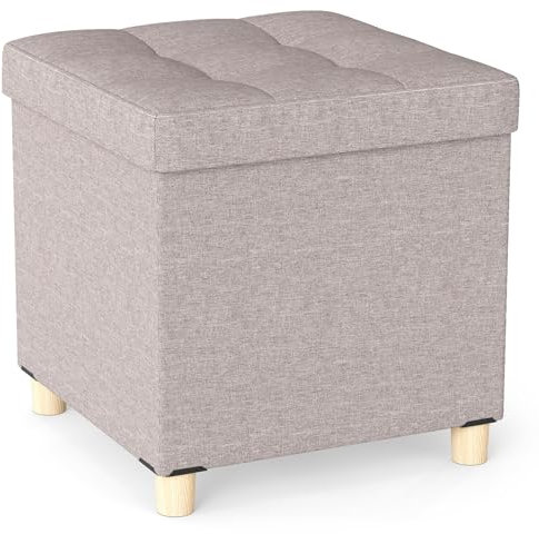 COSTWAY Sitzhocker mit Stauraum, Fußhocker aus Leinenstoff mit gepolstertem Deckel & Gummibaumholzbeinen, Aufbewahrungsbox für Wohnzimmer, Schlafzimmer & Flur 45 x 45 x 45 cm (beige)