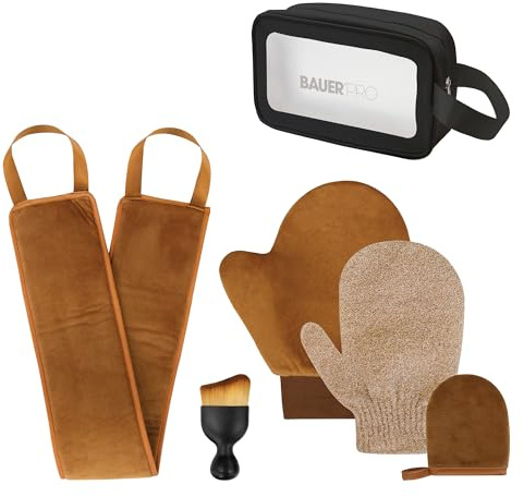 Bauer 39509 Selbstbräuner-Zubehör-Set / Peeling-Handschuh, Samt-Bräunungshandschuhe, Rückenapplikator, Bräunungspinsel und Aufbewahrungstasche, wiederverwendbar, streifenfrei, ultraweich für Gesicht