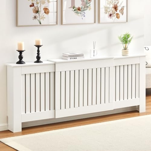 LEMROE Extendable Radiator Cover White, Horizontal Adjustable Heater Cover With Modern Slats Shelf, Wooden Decorative for Living Room, Hallway (W146-196cm)