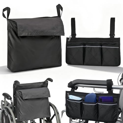 2 Stück Rollstuhltasche Hinten Seitlich, Wasserdicht Tasche für Rollator Multifunktional und Sicher Rollstuhl Tasche Zubehör für Armlehne, Rollstühle und Gehbehilfer (Schwarz)