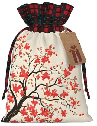 Christmas Drawstring Gift Bags With Tags Japanese Spring Plum Floral Print - Candy Goody Present Bags, Xmas Gift Wrapping Bag, Party Xmas Tree Decor