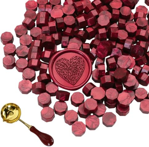 300 Stück Siegelwachs Perlen mit Schmelzlöffel, Rot Achteckige Wachssiegel Set für Stempel, Briefe, Einladungen, Karten, Umschläge, Geschenkverpackung, Hochzeit, Basteln