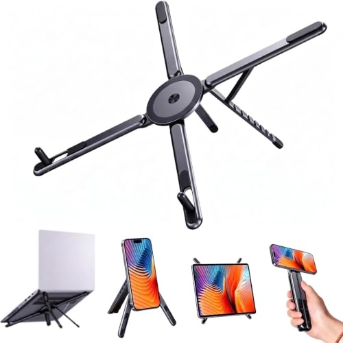 Faltbarer Laptop-Ständer mit N52 Magnet-Handyhalterung, 4-in-1 | Tragbarer Aluminium Computer-Ständer, Für MacBook/iPad/Tablet, Verstellbar, Ergonomisch, Für Home Office & Reisen