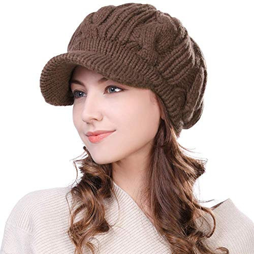 Fancet Damen Dicke Strickmütze gestrickte Barett Mütze mit Visor Baskenmütze Schirmmütze