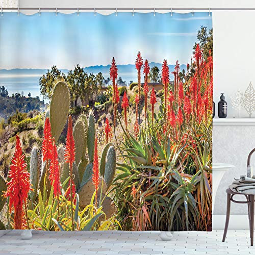 ABAKUHAUS Cactus Rideau de Douche, Désert Montagne Photo, Tissu Ensemble de Décor de Salle de Bain avec Crochets, 175 cm x 200 cm, Multicolore