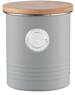 TYPHOON LIVING Kollektion Zuckerdose luftdicht, Pastellgraue Dose für Kaffee, 1 Liter, Vorratsbehälter aus Stahl, Bambusdeckel, Luftdichte Kaffeedose mit Silikondichtung, 12 x 12 x 14 cm