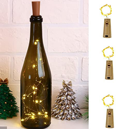 PAWARSO Luz de Botella, Luz Corcho Luces LED para Botellas con Alambre de Cobre de Vino 2m 20 LED a Pilas Decorativas para Navidad, Romántico Boda, Fiesta (Blanco Cálido-3 Piezas)