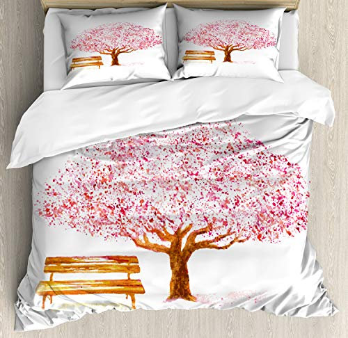 ABAKUHAUS Natur Bettbezug Set für Einzelbetten, Blühenden Kirschbaum, Milbensicher Allergiker geeignet mit Kissenbezug, 230 x 220 cm - 70 x 50 cm, rosa Brown
