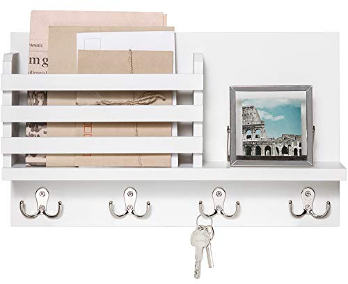 Dahey Wall Mounted Mail Holder Wooden Key Holder Rack Mail Sorter Organizer with 4 Double Key Hooks and A Floating Shelf Rustic Home Decor for Entryway or Mudroom,15.7 W x9.3 Hx3.2 D, White