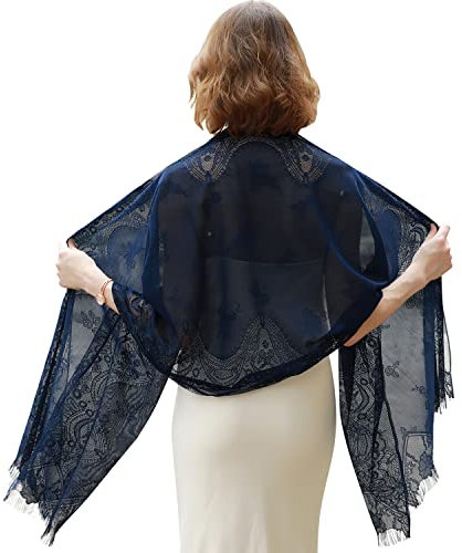 RIIQIICHY Stola Für Abendkleid Schal Stola Damen Festlich Umschlagtuch Umhang Marine Spitzenschal Mit Fransen für Hochzeit Party Braut