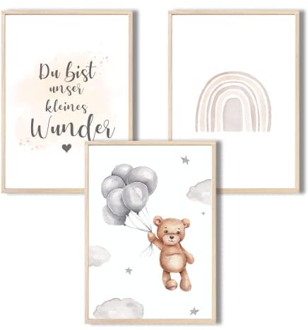 Bilder Kinderzimmer, 3er Set DIN a$ Poster Set, Wandbilder mit Spruch, Regenbigen Deko Kinderzimmer Mädchen und Jungen, Babyzimmer Deko (Bär & Regenbogen)