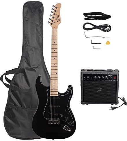 Bonnlo Full Size Electric Guitar Kit for Music Lover Beginner with 20W Guitar Amplifier, Guitar Bag, Cable, Strap, Pick, Tremolo Bar, Tool (Black)