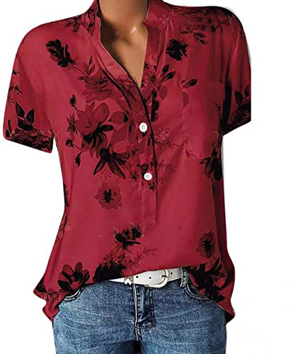 Blusen & Tuniken für Damen Bluse Kurzarm V-Ausschnitt Hemdbluse Sommer Shirt Blumen Knopfleiste Tunika Tops Oversize Locker Oberteil Longshirt Hemd (Rot, L)
