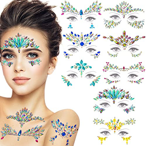 8 Set Glitzersteine Gesicht Festival Outfit, Glitzersteine Selbstklebend Rave Strasssteine Temporäre Tattoos Glitzer Gesicht Kristall Schmucksteine Juwelen für Schminke Party Karneval Ostern Halloween