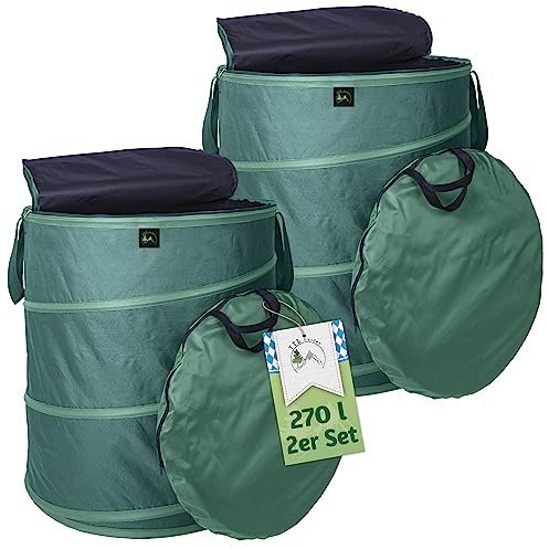 TTL Garden 2x 270L Pop Up Gartensack Deluxe mit Deckel - 220gsm 600D Oxford 2er Set 270 Liter Gartenabfallsack faltbar groß stabil - Laubsack Sack für Grünschnitt Garten Abfall selbstaufstellend