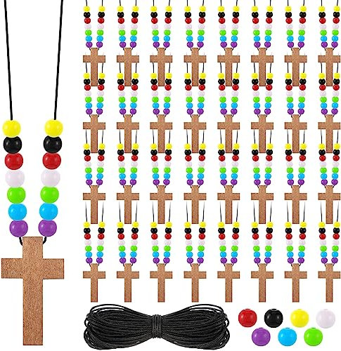 Kathfly DIY Holzkreuz auf Kordel-Anhänger, Halskette, Sonntagsschule, Basteln für Kinder, Holzkreuz-Halskette mit bunten Perlen, religiöses Partygeschenk für Vbs, Kirche, Ostern, Geschenke, Braun, 522