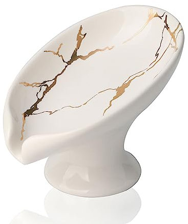 WHJY Porte-savon en céramique auto-drainant pour bar, porte-savon en forme de petite feuille, porte-savon en marbre blanc pour salle de bain, douche, porte-savon pour cuisine