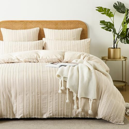 Nyescasa Boho Bettwäsche 135x200 Beige Getuftet Gestreift Bohemian Seersucker Wendebettwäsche Set Mädchen Mikrofaser Streifen Bettbezug mit Reißverschluss und Kissenbezug 80x80 cm