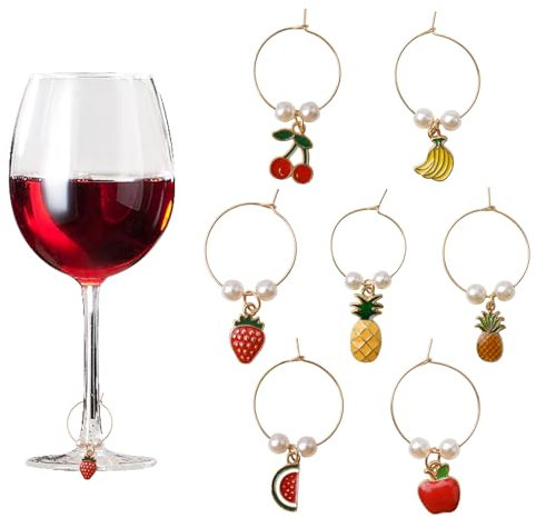 URROMA Wine Glass Charms Ring, 7pcs Fruit Glass Marker Wine Drink Rings Glass Identifiers Charm Creative Drink Marker Alloy Cup Watermelon Strawberry Pineapple