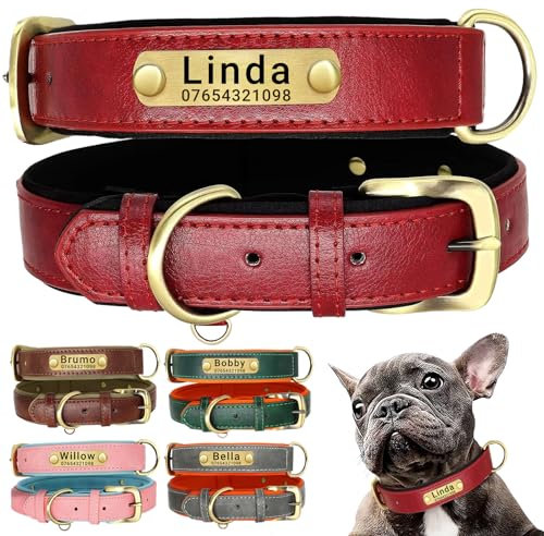 SEOUGEE Genuine Leather Dog Collar Personalised, Soft Padded Leather Dog Collars Heavy Duty with Custom Engraved Name Plate Adjustable for Small Medium Large Dogs (XL, Red 42-55cm)