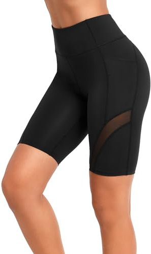 Yvette Damen kurz Leggings Radhlerhose mit Tasche Mesh Blickdicht high Waist Gym Shorts, Schwarz, L