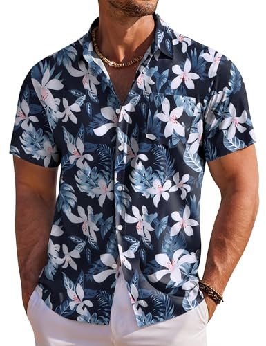 COOFANDY Men's Hawaiian Shirts Short Sleeve Shirts Summer Shirts for Men Tropical Holiday Beach Shirts with Front Pocket Navy White Flower L