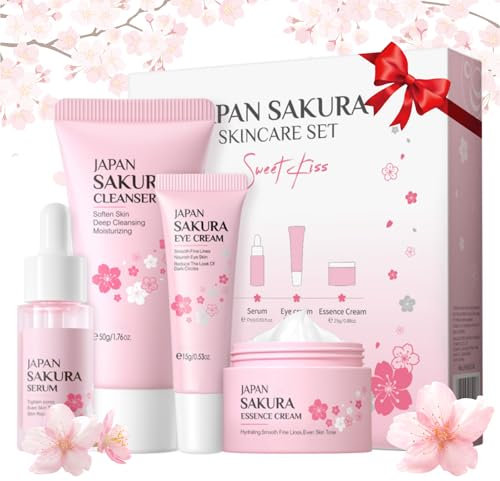 Fleur de Cerisier Ensemble Soin du Visage, Skincare Set avec Nettoyant, Sérum, Soin Nourrissant Yeux, Crème Hydratante, Coffrets de Soins Anniversaire Cadeau pour Ado Fille et Femmes (4 Pièces)