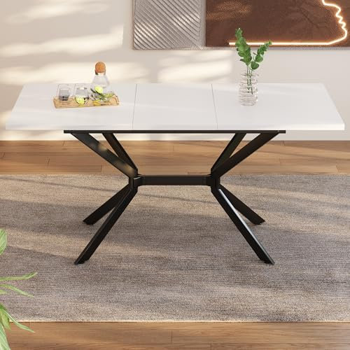 Table à manger extensible blanche 120/160 x 80 cm, pieds en métal noir, table à manger rectangulaire blanche, convient pour quatre à six personnes