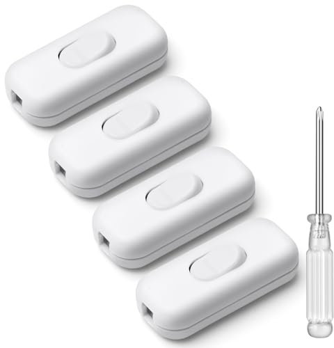 AXFEE 4 Piezas Interruptor Lampara Torpedo, 6A 250V Interruptor de Alimentación en Línea, Interruptor de Cable en Línea Botón, para electrodomésticos pequeños o lámparas, con destornillador, Blanco