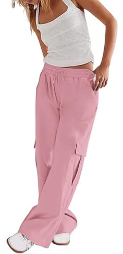 Generico Pantalon cargo pour femme d'été taille haute respirant pantalon ample léger de sport avec muets, poches Streetwear avec poches latérales pantalon confortable Y2k Trekking Jogging Pants, rose
