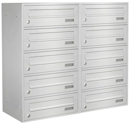 ALSTEN TECH Wandbriefkasten 10-er Briefkastenanlage Postkastenanlage | Briefkasten mit 10 Fächern aus Edelstahl V2A, Wandmontage Innen und Außen, für Büro und Zuhause