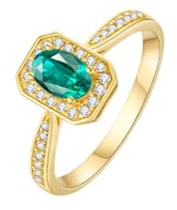 Ringe Frauen für Mittelfinger, Damenring für Mittelfinger Elegant mit Ovalem Smaragd und Diamant 9K Gelbgold Größe 57 (18.1)