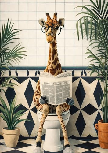 WBdesignz Lustiges WC-Poster - Giraffe mit Brille liest Zeitung auf Toilette - Ironische, humorvolle Wanddeko für Gäste-WC, Badezimmer oder Toilette (DIN A4 - ohne Rahmen)