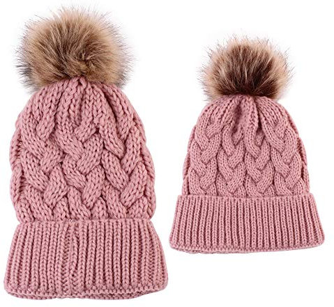 2PCS Mutter & Baby Strickmütze Winterwärmer Familie Häkelarbeithut Wollmütze Beanie Ski Hüte&Mützen (Rosa)